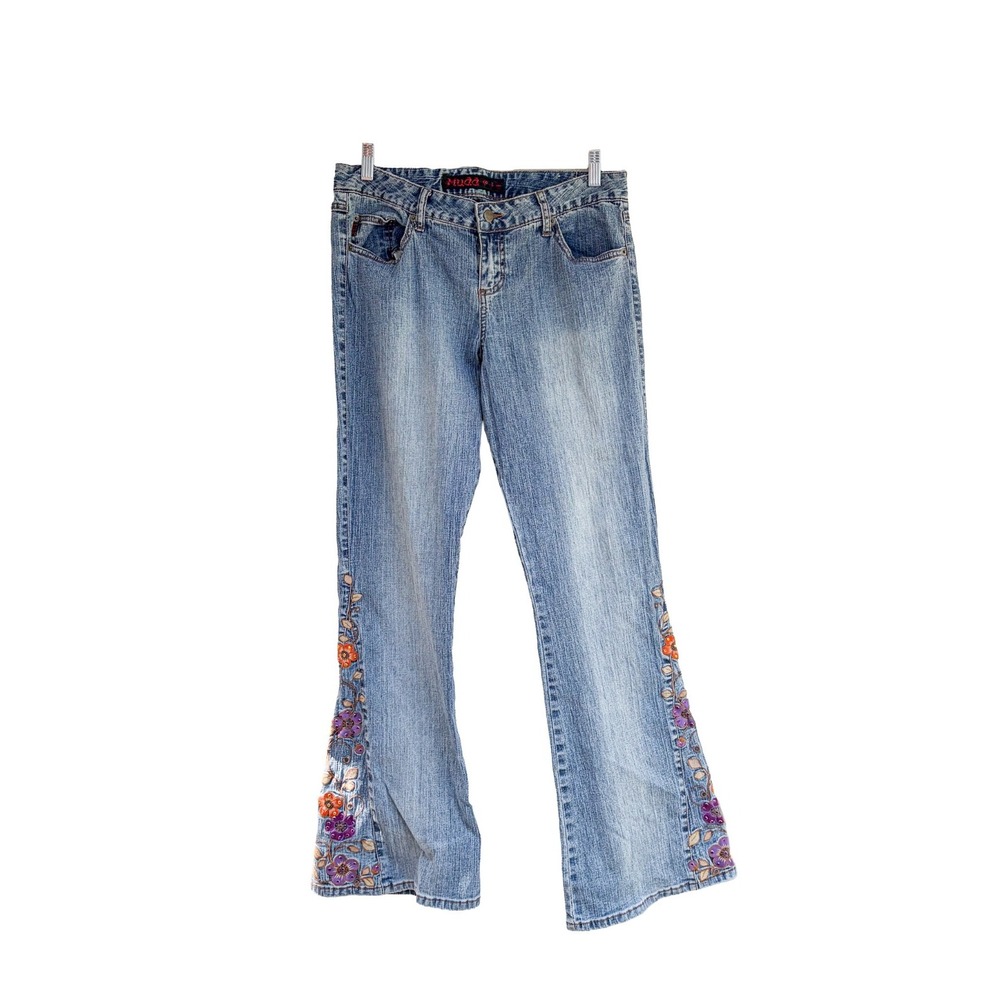 Vintage Mudd Jeans Bell Bottoms Flare Jr Sz 13 Light Wash Embroidered Floral Y2K